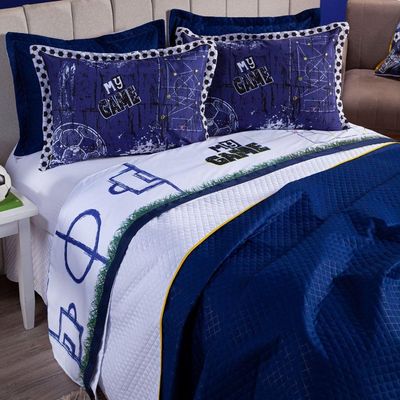 Jogo De Cama Lençol Queen Futebol Game Branco Com Fronhas E Virol Estampados 04 Peças - Percal 200 Fios