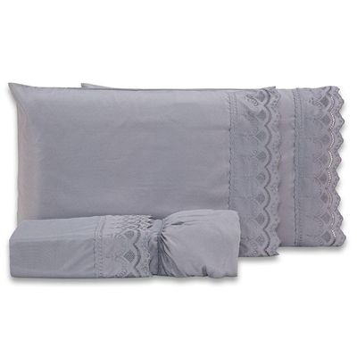 Jogo De Cama Lençol King Sublime Bordado Inglês Percal 300 Fios Com Fronhas 04 Peças - Toque Acetinado Cor Cinza