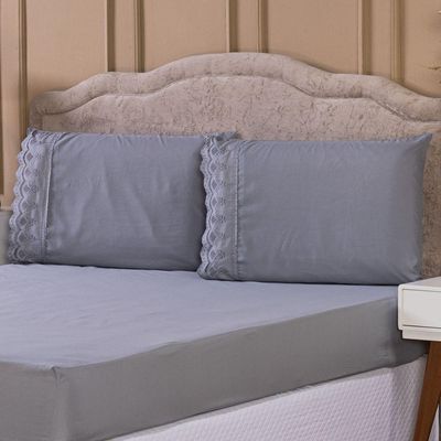 Jogo De Cama Lençol King Sublime Bordado Inglês Percal 300 Fios Com Fronhas 04 Peças - Toque Acetinado Cor Cinza