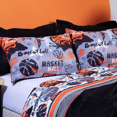 Jogo De Cama Lençol Casal Padrão Basquete Branco Com Fronhas E Virol Estampados 04 Peças - Percal 200 Fios