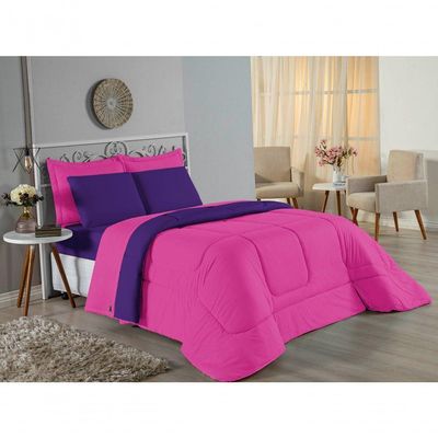 Kit Edredom Dupla Face + Jogo De Lençol Casal Viúva Nobre 7 Peças Malha 100% Algodão - Pink / Roxo