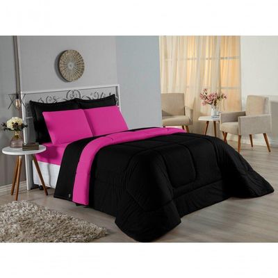 Kit Edredom Dupla Face + Jogo De Lençol King Nobre 6 Peças Malha 100% Algodão - Preto / Pink