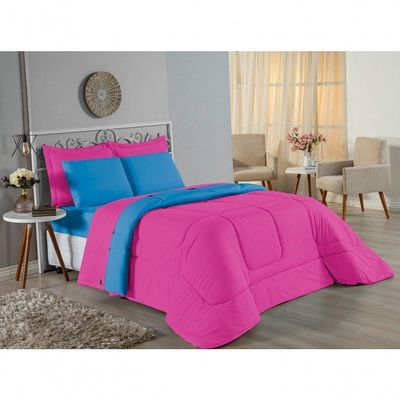 Kit Edredom Dupla Face + Jogo De Lençol King Nobre 6 Peças Malha 100% Algodão - Pink / Turquesa