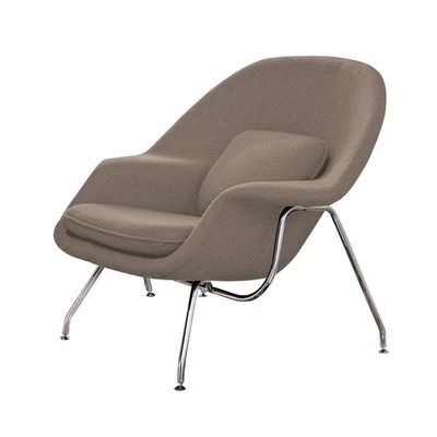Poltrona Womb Chair Com Puff Cromada Linho Bege
