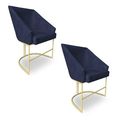 Kit 2 Poltronas Decorativas Alana Veludo Azul Marinho Base De Ferro Dourado - Pallazio