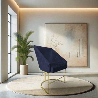 Kit 2 Poltronas Decorativas Alana Veludo Azul Marinho Base De Ferro Dourado - Pallazio