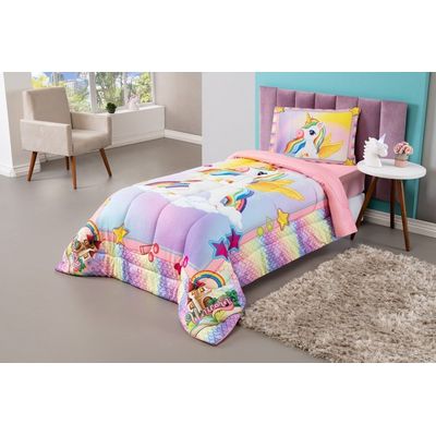Kit Edredom + Lençol Plush Fofinho Infantil Dupla Face Dream 3 Peças Solteiro - Unicórnio