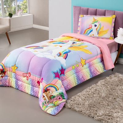 Kit Edredom + Lençol Plush Fofinho Infantil Dupla Face Dream 3 Peças Solteiro - Unicórnio
