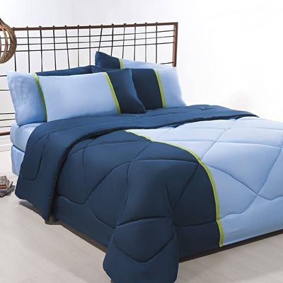 Enxoval Edredom + Jogo De Cama King Aconchego Premium 06 Peças - Azul/ Marinho