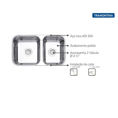 Cuba de embutir/sobrepor Tramontina Isis 2C 34-28 BS em Aço Inox Polido 69x40 com 2 Cubas