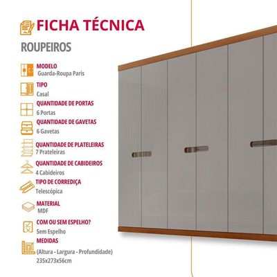 Guarda Roupa Casal Paris Mdf 6 Portas 6 Gavetas Moderna Naturalle-off White Sem Pés