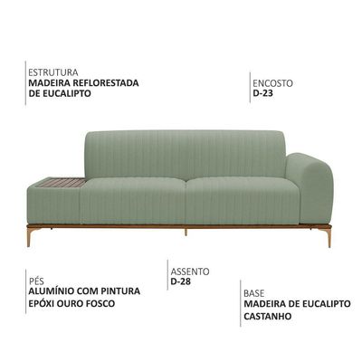 Sofá Molino 3 Lugares 180cm C/mesa Auxiliar Direito Pés Ouro.f Bouclé Verde Claro - Nexta Casa