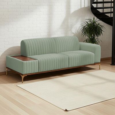 Sofá Molino 3 Lugares 180cm C/mesa Auxiliar Direito Pés Ouro.f Bouclé Verde Claro - Nexta Casa