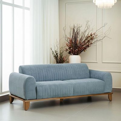 Sofá Molino 3 Lugares 210cm Pés Madeira Castanho Bouclé Azul Claro - Nexta Casa