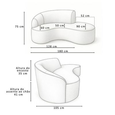 Sofá Curvo 3 Lugares 180cm Eron Braço Dir. Corano Off White - Nexta Casa