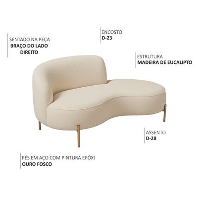 Sofá Curvo 2 Lugares 150cm Braço Dir. Thommy Pés Ouro Bouclé Off White - Nexta Casa