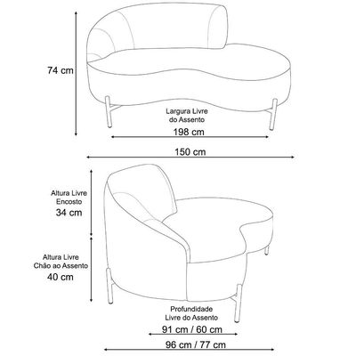 Sofá Curvo 2 Lugares 150cm Braço Dir. Thommy Pés Ouro Bouclé Off White - Nexta Casa