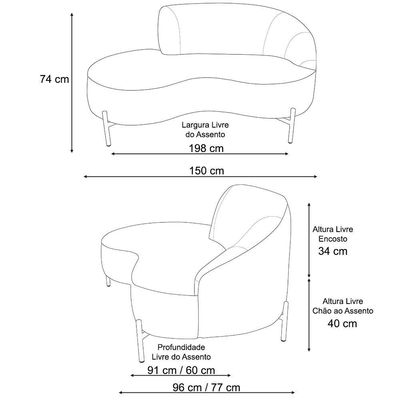Sofá Curvo 2 Lugares 150cm Braço Esq. Thommy Pés Ouro Bouclé Azul Claro - Nexta Casa