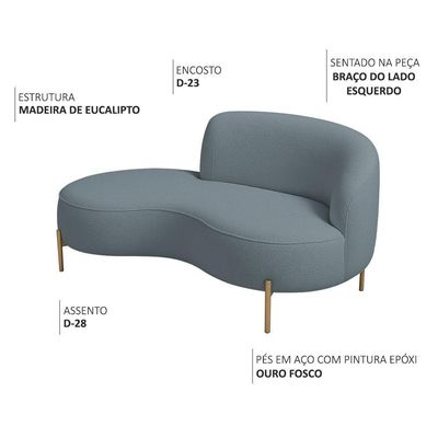 Sofá Curvo 2 Lugares 150cm Braço Esq. Thommy Pés Ouro Bouclé Azul Claro - Nexta Casa