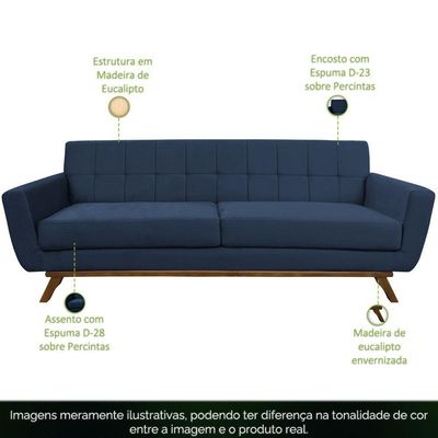 Sofá 03 Lugares 180cm Sala De Estar Miami Veludo Azul Escuro - Nexta Casa
