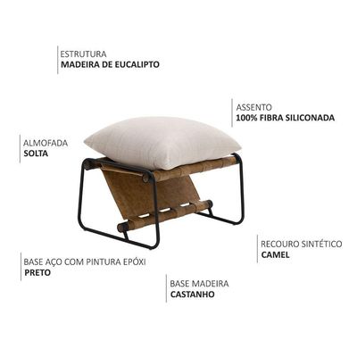 Puff Decorativo Turim Base Aço Preto Recouro Camel Linho Off White - Nexta Casa