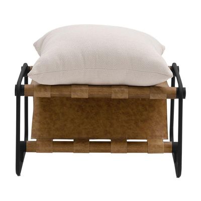 Puff Decorativo Turim Base Aço Preto Recouro Camel Linho Off White - Nexta Casa