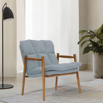 Poltrona Hermes Base Madeira Castanho Bouclé Azul Claro - Nexta Casa