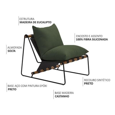 Poltrona Decorativa Turim Base Aço Preto Recouro Black Poliéster Verde Musgo - Nexta Casa