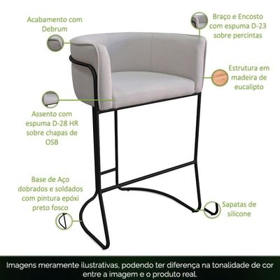 Banqueta Alta Com Encosto Betina Base Preto Linho Gelo - Nexta Casa