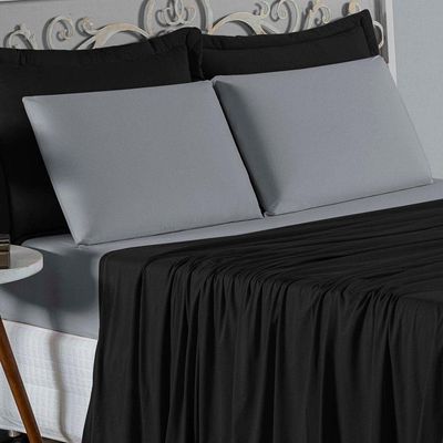Jogo De Cama Queen Nobre 4 Peças Lençol Com Elástico De 30cm De Altura Malha 100% Algodão - Preto / Cinza