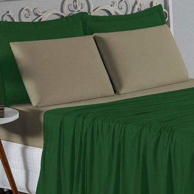 Jogo De Cama Solteiro Nobre 3 Peças Lençol Com Elástico De 30cm De Altura Malha 100% Algodão - Verde-bandeira / Avelã