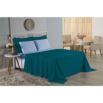 Jogo De Cama Solteiro Nobre 3 Peças Lençol Com Elástico De 30cm De Altura Malha 100% Algodão - Petróleo / Azul-bebê