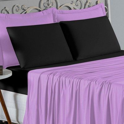 Jogo De Cama Solteiro Nobre 3 Peças Lençol Com Elástico De 30cm De Altura Malha 100% Algodão - Lilás / Preto
