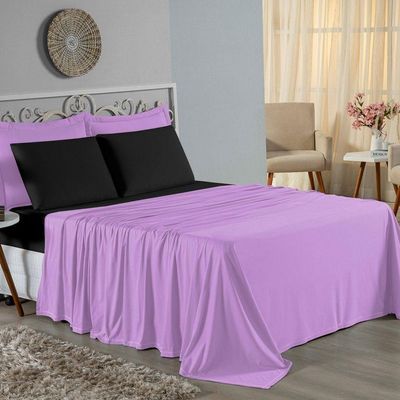 Jogo De Cama Solteiro Nobre 3 Peças Lençol Com Elástico De 30cm De Altura Malha 100% Algodão - Lilás / Preto