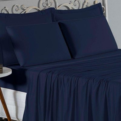 Jogo De Cama King Nobre 4 Peças Lençol Com Elástico De 30cm De Altura Malha 100% Algodão - Azul-marinho