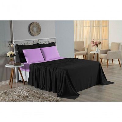 Jogo De Cama Queen Nobre 4 Peças Lençol Com Elástico De 30cm De Altura Malha 100% Algodão - Preto / Lilás