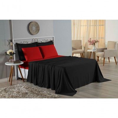Jogo De Cama Queen Nobre 4 Peças Lençol Com Elástico De 30cm De Altura Malha 100% Algodão - Preto / Vermelho
