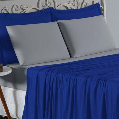 Jogo De Cama Queen Nobre 4 Peças Lençol Com Elástico De 30cm De Altura Malha 100% Algodão - Royal / Cinza