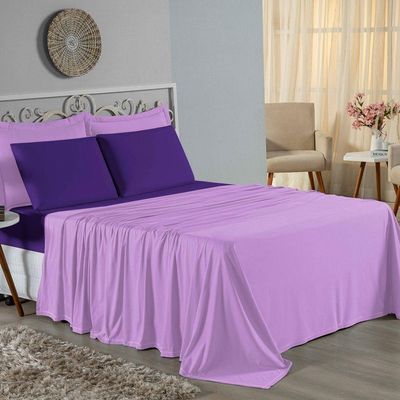 Jogo De Cama Queen Nobre 4 Peças Lençol Com Elástico De 30cm De Altura Malha 100% Algodão - Lilás / Roxo