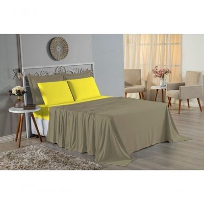 Jogo De Cama Queen Nobre 4 Peças Lençol Com Elástico De 30cm De Altura Malha 100% Algodão - Avelã / Amarelo