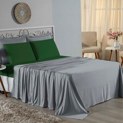 Jogo De Cama King Nobre 4 Peças Lençol Com Elástico De 30cm De Altura Malha 100% Algodão - Cinza / Verde-bandeira