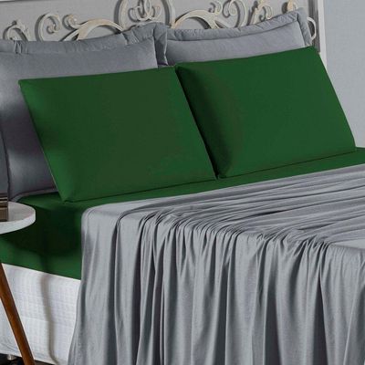 Jogo De Cama King Nobre 4 Peças Lençol Com Elástico De 30cm De Altura Malha 100% Algodão - Cinza / Verde-bandeira