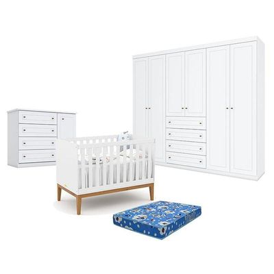Quarto De Bebê Americano 6 Portas Com Berço Americano Unique Branco Soft Eco Wood - Matic - Henn E Colchão Ortobom