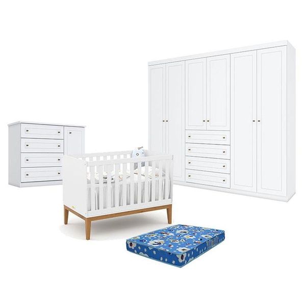 Quarto De Bebê Americano 6 Portas Com Berço Americano Unique Branco Soft Eco Wood - Matic - Henn E Colchão Ortobom