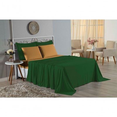 Jogo De Cama Casal Nobre 4 Peças Lençol Com Elástico De 30cm De Altura Malha 100% Algodão - Verde-bandeira / Cobre