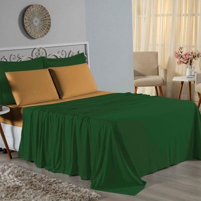 Jogo De Cama Casal Nobre 4 Peças Lençol Com Elástico De 30cm De Altura Malha 100% Algodão - Verde-bandeira / Cobre