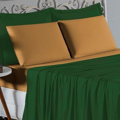 Jogo De Cama Casal Nobre 4 Peças Lençol Com Elástico De 30cm De Altura Malha 100% Algodão - Verde-bandeira / Cobre