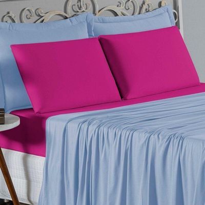 Jogo De Cama Queen Nobre 4 Peças Lençol Com Elástico De 30cm De Altura Malha 100% Algodão - Azul-bebê / Pink