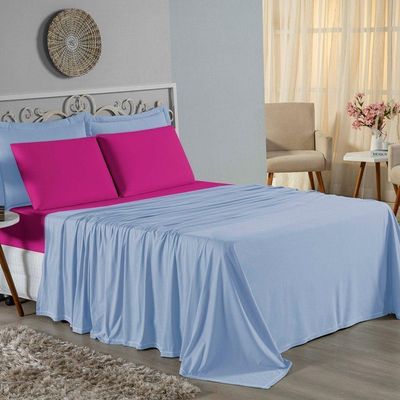 Jogo De Cama Queen Nobre 4 Peças Lençol Com Elástico De 30cm De Altura Malha 100% Algodão - Azul-bebê / Pink