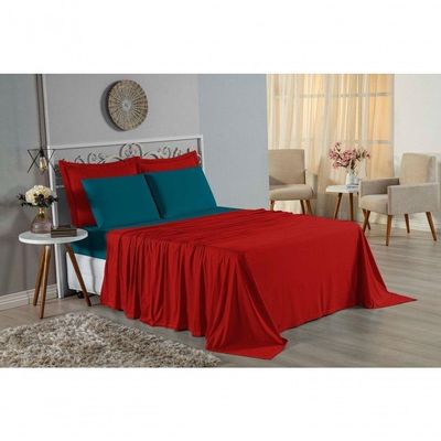 Jogo De Cama Casal Nobre 4 Peças Lençol Com Elástico De 30cm De Altura Malha 100% Algodão - Vermelho / Petróleo